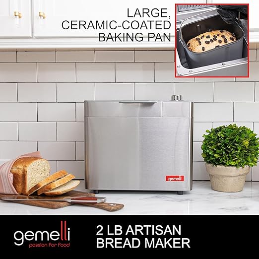 Gemelli Home™ 2LB Artisan Bread Maker, Stainless Steel w/ 21 Functions, Ceramic Pan, Fruit/Nut Dispenser, 3 Loaf Sizes, 3 Shades, Gluten-Free Settings