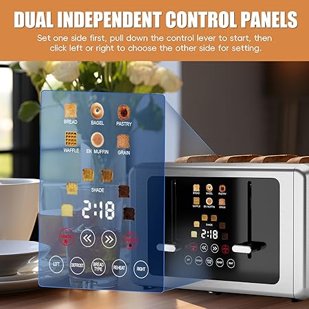 4 Slice Toaster, Touchscreen & Dual Independent Control Panel,5 Basic Functions & Digital Countdown Toasters, 6 Shade Settings&6 Bread Types, Smart Bread Maker Mute/Screen-Off,Silver