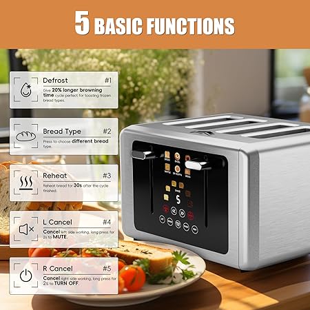 4 Slice Toaster, Touchscreen & Dual Independent Control Panel,5 Basic Functions & Digital Countdown Toasters, 6 Shade Settings&6 Bread Types, Smart Bread Maker Mute/Screen-Off,Silver