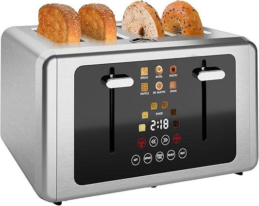 4 Slice Toaster, Touchscreen & Dual Independent Control Panel，5 Basic Functions & Digital Countdown Toasters, 6 Shade Settings＆6 Bread Types, Smart Bread Maker Mute/Screen-Off,Silver